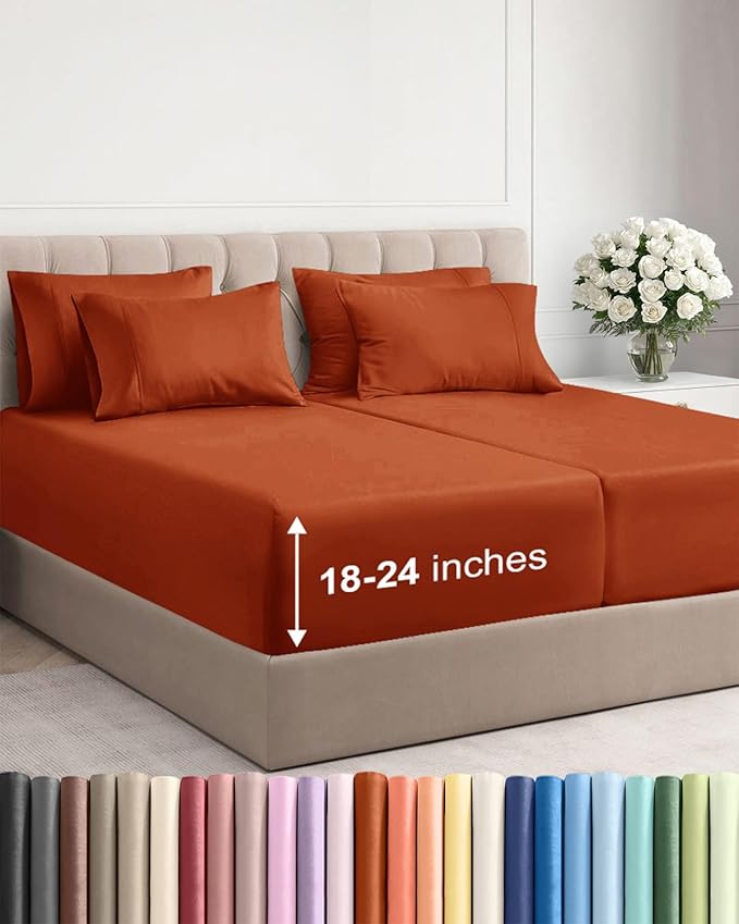 Extra Deep Split King Sheet Set - 7 Piece Breathable & Cooling Sheets - Hotel Luxury Bed Sheets Set - Easy Fit - Soft, Wrinkle Free & Comfy Sheets Set - Terracotta Sheet Set with Extra Deep Pockets