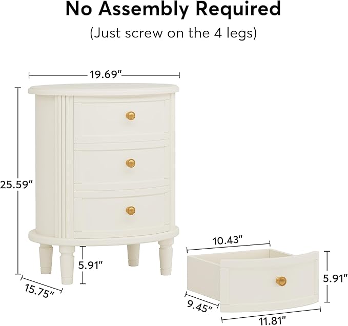Tribesigns Nightstand with 3 Drawers, Set of 2, Oval Bed Side Table for Bedroom, Fully Assembled, Wooden Side End Table with Solid Wood Legs for Living Room, Beige White