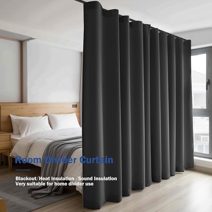 Room Divider Blackout Curtain Track Curtains Wall Dividers Panels Screen for Living Rooms Bedroom Office Privacy Partition Separation, W180 × L120 Inch,1 Panel, Black