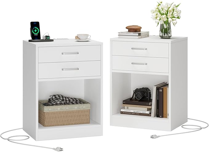ADORNEVE Nightstands Set of 2,White Night Stand with Charging Station & Drawers,Night Stands for Bedrooms 2
