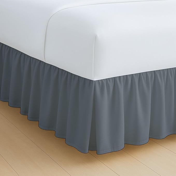 Rajlinen Ruffled Bed Skirt King, 10 Inch Drop Dust Ruffle with Split Corners, 100% Microfiber Bedskirt with Platform, Three-Sided Coverage Ruffled Gathering Design, Dark Grey