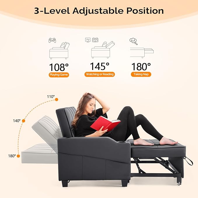 VINGLI Black Futon Sofa Bed Convertible Loveseat Sleeper Couch, Faux Leather Pullout Sofa Fold Out Couch Bed with USB Ports, Cup Holders, Armrest for Living Room, Bedroom Apartment Room