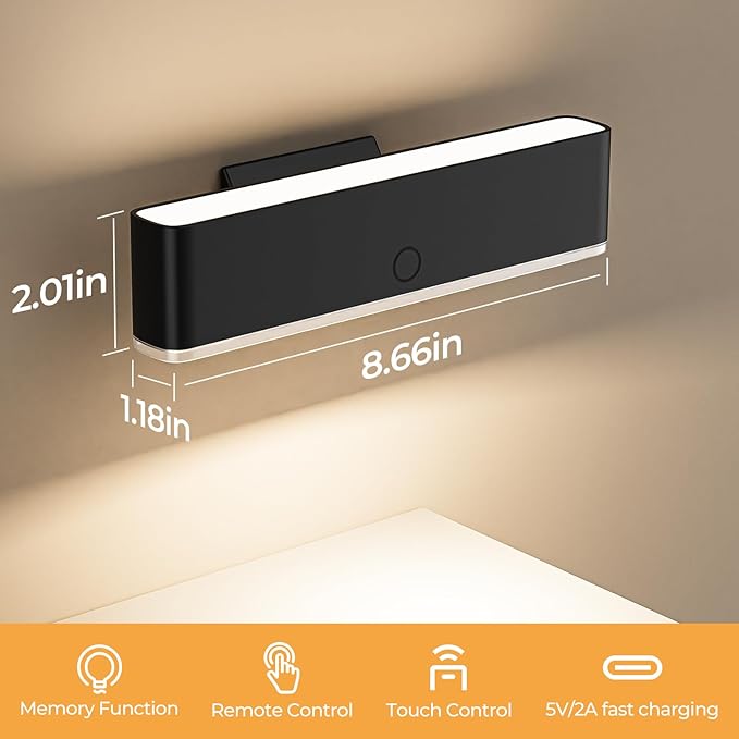 MOITA Battery Operated Wall Sconce Set of 2 Wireless Wall Lamp with Remote Control & Touch Control Rechargeable LED Wall Lights 3 Color Temperatures 360° Rotatable for Bedroom Living Room Black