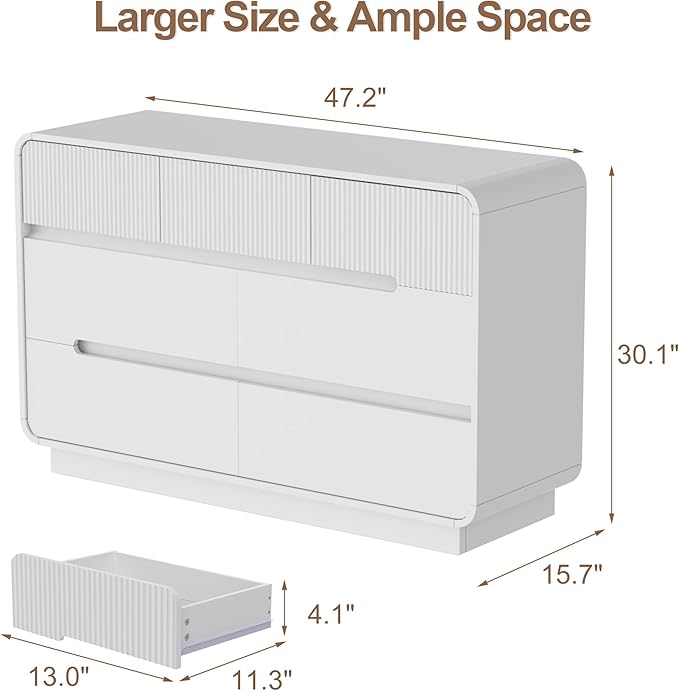 7 Drawer Dresser and 2 Nightstand Sets for Bedroom 3 Pcs Bedroom Set, Modern 47.2" Fluted Dresser with Invisible Handles Nightstand Charging Station, Bedroom Furniture Set for Living Room, White