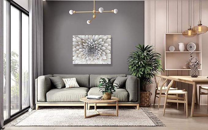 Floral Wall Art in Neutral Color Modern Canvas Decor in Glam Style Framed Artwork with Embellishment Texture Dahlia Flower Picture in White Grey Cream Hues for Office