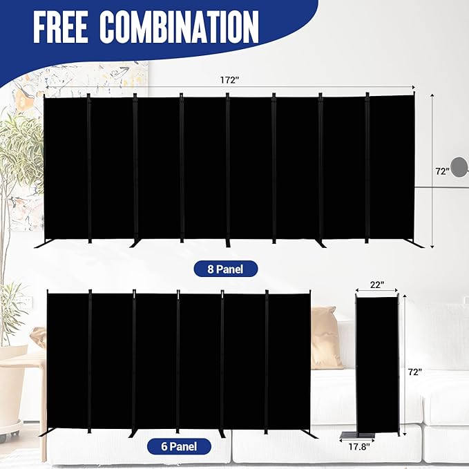 Room Divider and Folding Privacy Screens 8 Panel, 14.67 Ft Wide Partition Room Dividers, Portable Room Divider Panel for Room Separtition, Large Wall Dividers for Room, Office, School,Studio Black