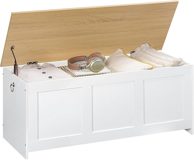 HOOBRO Storage Bench, 39.3" Retro Wooden Storage Chest, Wooden Storage Trunk, Toy Chest with Lift Top, Multifunctional Entryway Organizer, for Entryway, Living Room, White and Natural WN141CW01
