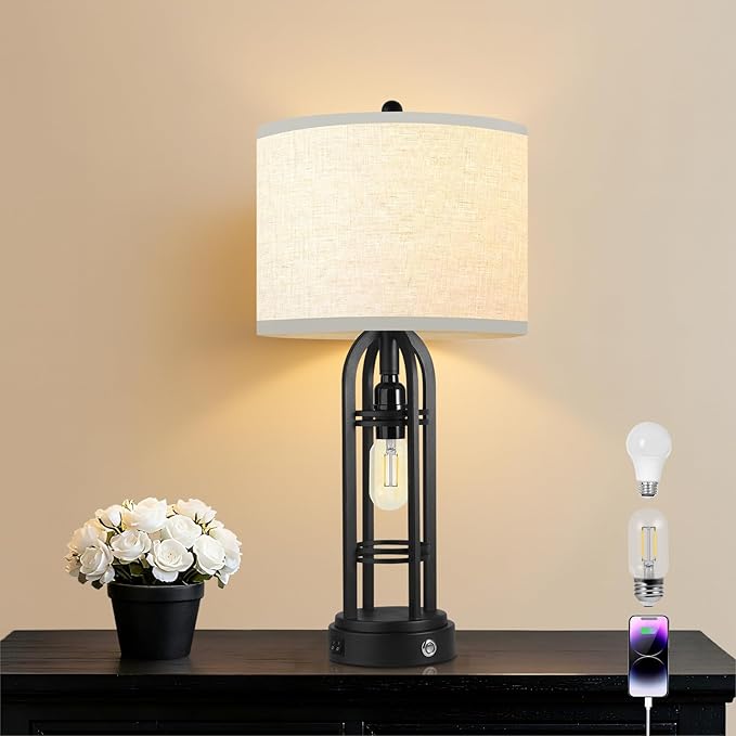 Black Table Lamps, Table Lamp with USB Port, 3 Color Temperatures, Stepless Dimming, Bedside Lamps, Bedroom Lamps, Farmhouse Lamps for Living Room(Bulbs Included)