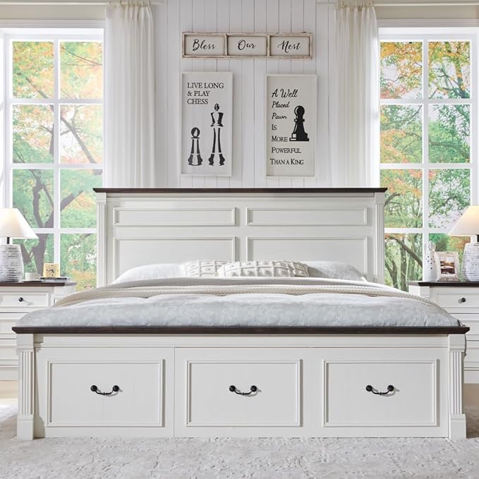 Farmhouse King Size Bed Frame with 51" Tall Headboard, Wood Platform Bed Frame with 20" Tall Roman Column Decoration Footboard & 3 Large Storage Drawers, No Box Spring Needed (White)