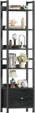 Furologee 6 Tier Bookshelf, Tall Shelf with Drawer, Wood and Metal Bookshelves Storage Organizer, Industrial Display Shelving Unit for Bedroom, Living Room, Home Office, Black Oak