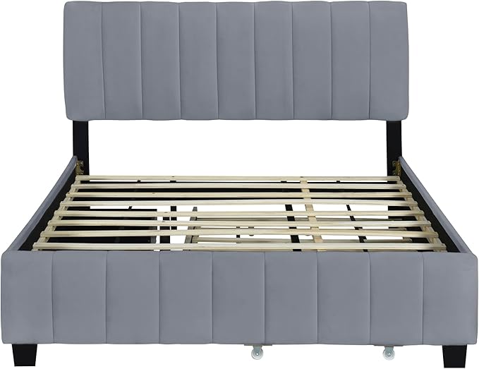 Queen Bed Frame with Trundle Bed,Velvet Upholstered Platform Bed Frame with Storage Drawers,Queen Size Trundle Bed with Headboard for Kids Teens Adults,Gray