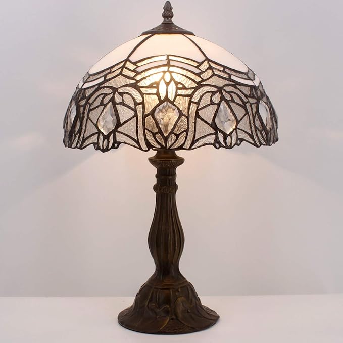 WERFACTORY Tiffany Lamp White Bent Stained Glass Bedside Table Lamp Desk Reading Light 12X12X18 Inches Decor Bedroom Living Room Home Office S508W Series