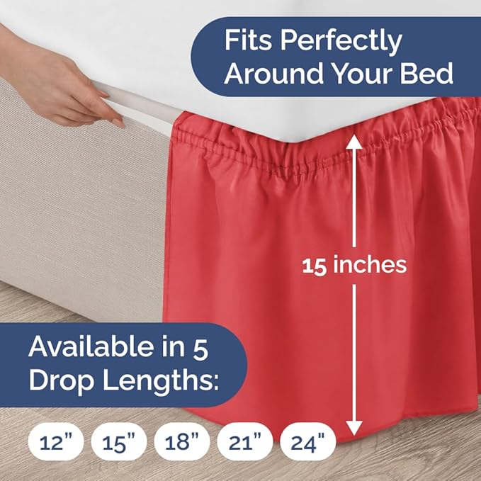 Wrap Around Dust Ruffle Bed Skirt - Red - for Queen Size Beds with 15 Inch Drop - Easy Fit Elastic Strap - Adjustable Pleated Bedskirt w/Brushed Fabric - Wrinkle Free - for Women, Men, Kids & Teens