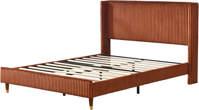 PINJU Queen Size Bed Frame, Upholstered Platform Bed with Modern Vertical Striped Wingback Headboard with Wooden Slats, Easy to Assemble No Noise Free (OCHER, Queen (U.S. Standard))