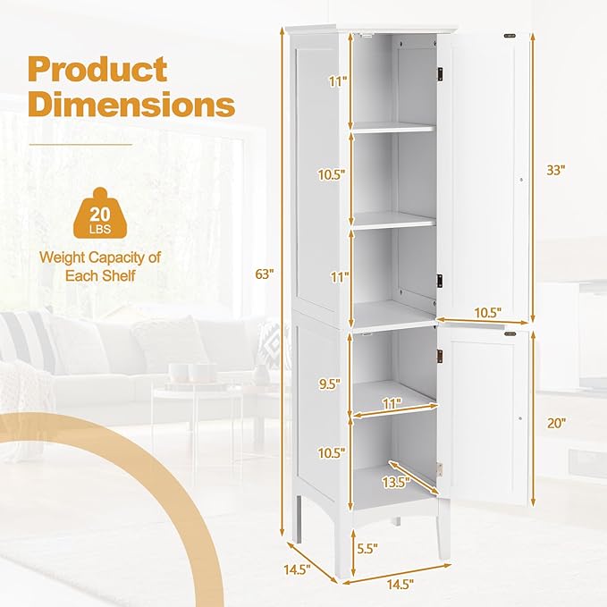 COSTWAY Tall Bathroom Storage Cabinet, 5-Tier Freestanding Linen Tower Cabinet with 2 Doors, Wooden Side Storage Organizer, Narrow Slim Floor Cabinet for Bathroom, Living Room, Kitchen (White)