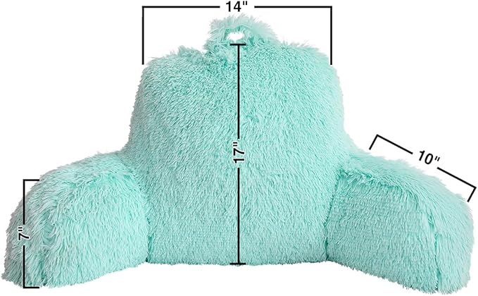 Holawakaka Standard Faux Fur Bed Rest Pillow with Arms,Shaggy Backrest Reading Pillows Perfect for Kids, Teens, Petites, Boys Girls Lumbar & Head Neck Coccyx Lower Back Support Cushion (Aqua)
