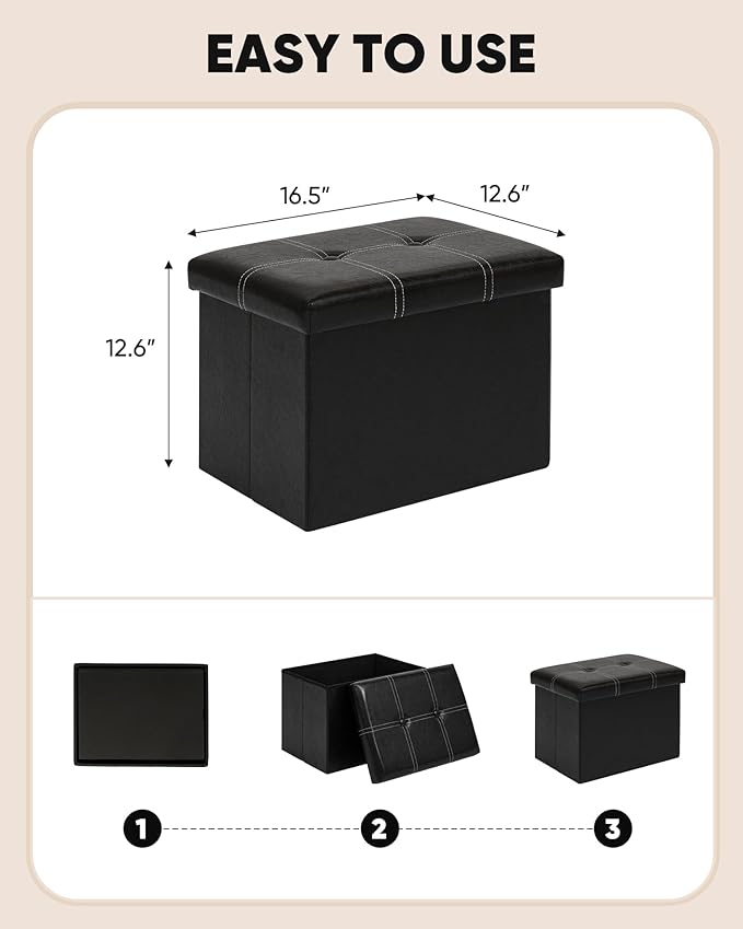 B FSOBEIIALEO Folding Storage Ottoman Cube, Faux Leather Footrest Seat Coffee Table, Black 16.5"x12.6"x12.6"