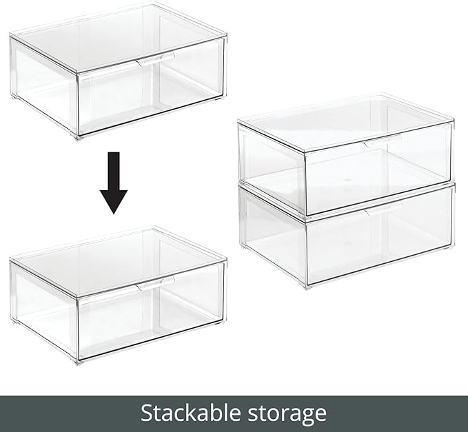 mDesign Plastic Stackable Closet Storage Organizer Bin Containers with Front Pull Drawer for Cabinet, Desk, Shelf, Cupboard, or Dresser Organization - Lumiere Collection - 2 Pack - Clear