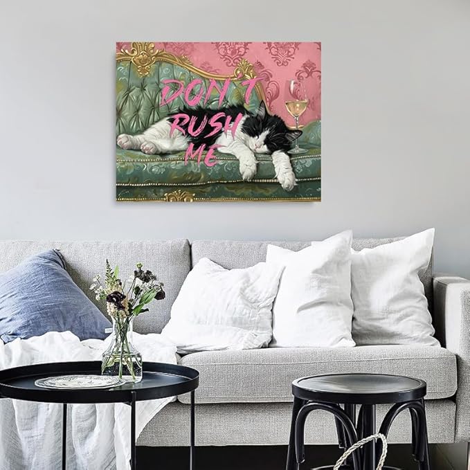 Pveror Funny Cat Wall Art Canvas Dont Rush Me Sleeping Black White Cat Painting Vintage Sofa Style Humorous Decor for Living Room Bedroom Office Pet Lover Gift Modern Home Decor 12x16 Inches