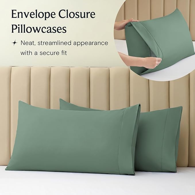 LuxClub 4 PC King Sheet Set, Deep Pockets Wrinkle Free Cooling Bed Sheets Hotel Bedding for Women, Men, Includes 1 Fitted Sheet, 1 Flat Sheet and 2 Pillowcases-Soft Tree Moss Green