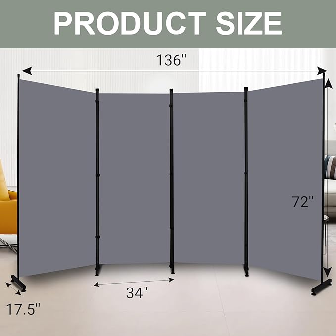 Room Divider Folding Privacy Screens with Wheels, 6FT Tall Divider for Room Separation, Movable Room Partitons and Dividers, Indoor Room Dividers Panel with Fabric (Grey, 4 Panel-136‘’-Round Pad)