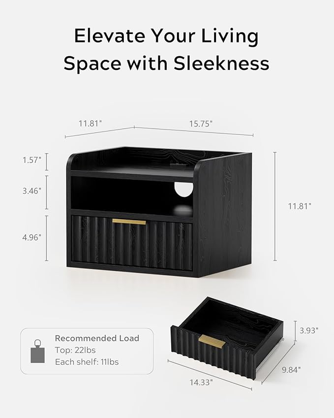 Fluted Floating Nightstand Set of 2, Wall Mounted Bedside Table with Storage Drawer and Open Shelf, Night Stand with Charging Station for Living Room, Bedroom, Dorm, Black