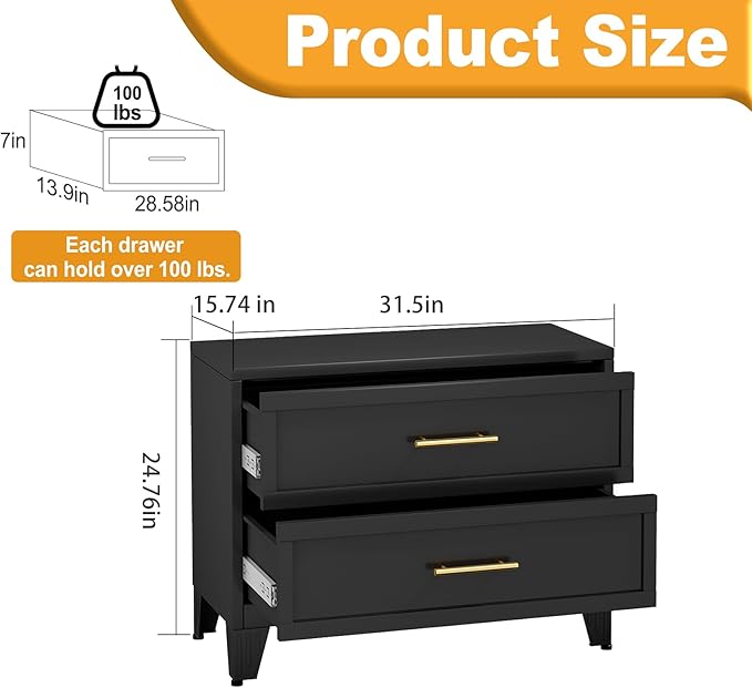 Metal Dressers, Black Small Dresser for Bedroom, 24.76" H Dressers & Chests of Drawers, Dresser and Nightstand Sets for Living Room, Entryway, Hallyway (Black, 2 Drawers)