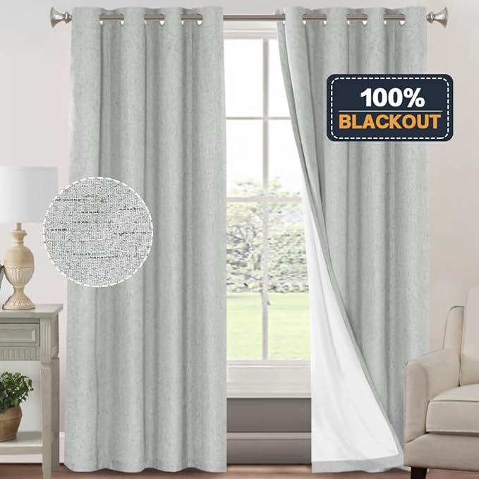 PrinceDeco Linen Blackout Curtains 84 Inches Long 100% Completely Blackout Window Treatment Thermal Insulated with White Liner Grommet Linen Textured Curtains for Living Room, 2 Panels, Glacier Grey