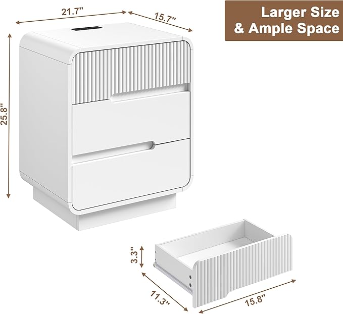 8 Drawer Dresser and 2 Nightstand Sets for Bedroom 3 Pcs Bedroom Set, Modern 39.4" Fluted Dresser with Invisible Handles Nightstand Charging Station, Bedroom Furniture Set for Living Room, White