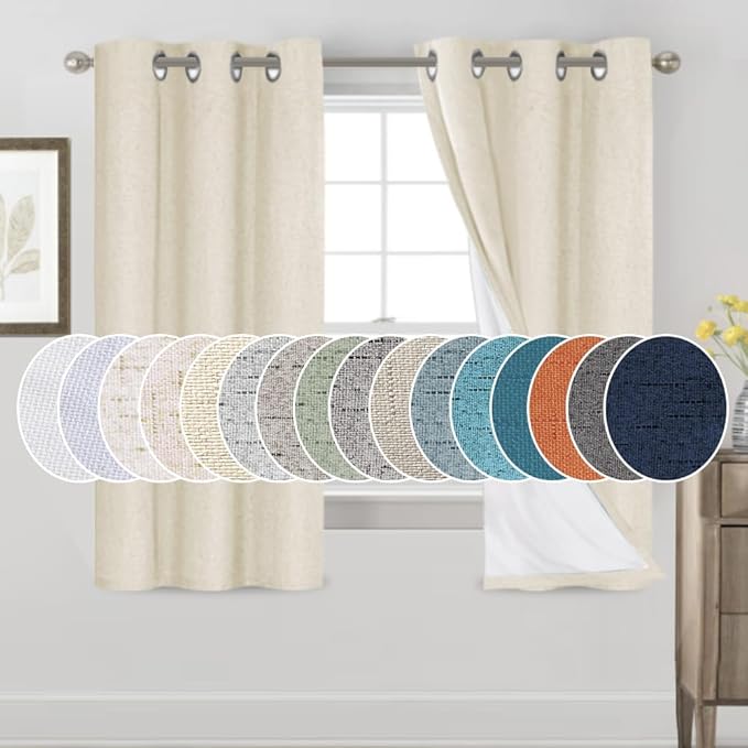PrinceDeco Linen Texture Curtains 100% Blackout Curtains 64 inch Long 2 Panels Set Full Blackout Linen Curtains with Thermal Insulated Liner Noise Reducing, 42" Wide,64" Length,Bleached Sand