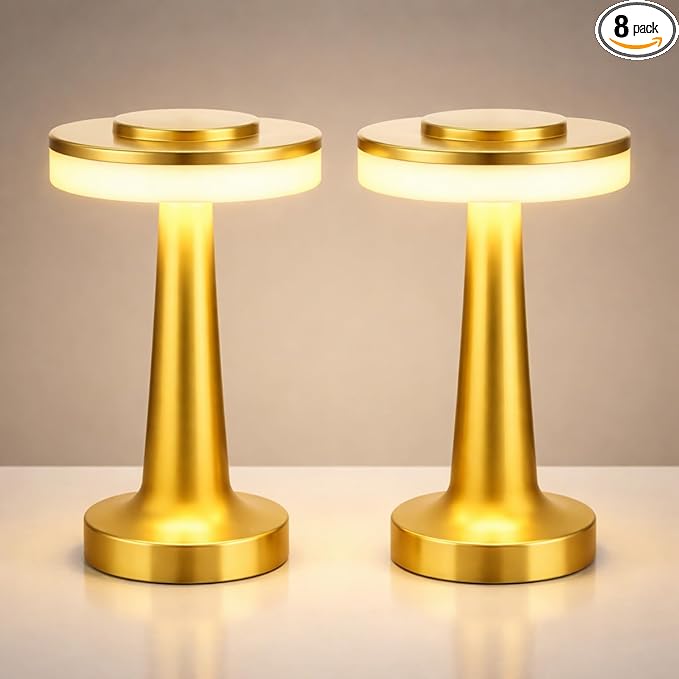VIHOSE Cordless Table Lamps LED Portable Rechargeable Table Lamp with Touch Sensor 3 Color Dimming up to 15 Hours Battery Desk Light for Restaurant Nursery Living Room(Gold,8 Pcs)