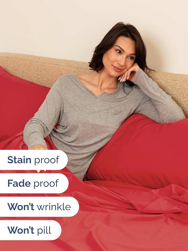 Extra Deep Twin XL Sheet Set - 4 Piece Breathable and Cooling Sheets - Hotel Luxury Bed Sheets Set - Easy & Secure Fit - Soft, Wrinkle Free and Comfy Sheets Set - Red Sheet Set with Extra Deep Pockets