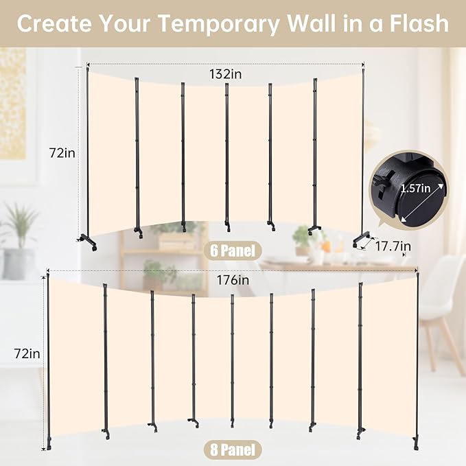 Room Divider Folding Privacy Screens with Wheels, 6FT Tall Divider for Room Separation, Movable Room Partitons and Dividers, Indoor Room Dividers Panel with Fabric (Beige, 6 Panel-132‘’-Wheels)