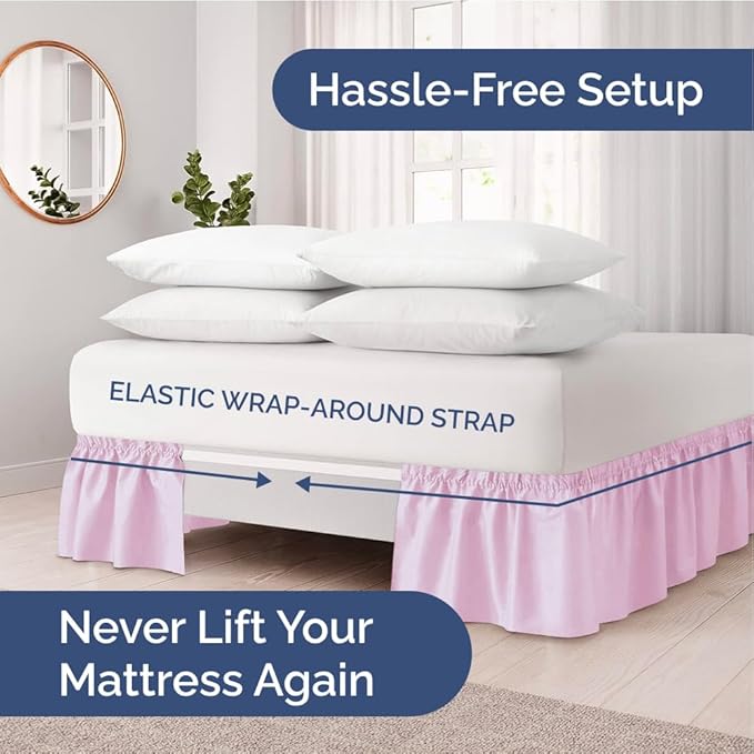 Wrap Around Dust Ruffle Bed Skirt - Light Pink - for King Size Beds with 12 Inch Drop - Elastic Strap - Adjustable Pleated Bedskirt with Brushed Fabric and Wrinkle Free - for Women, Men, Kids & Teens