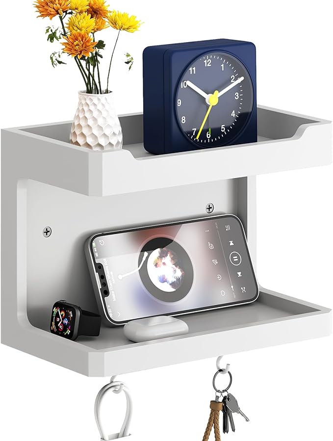 NiHome Large Wall Mounted Wooden Bedside Organizer, Double Storage Shelves & Magnetic Hooks, Solid Wood Bedside Shelf for Phone Glasses Remote Keys, Space-Saving Wall Rack for Bedroom RV Dorm (White)