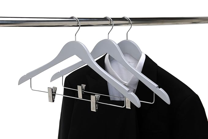 Quality Wooden Skirt Hangers with Clips, 20-Pack Smooth Solid Wood Pants Hangers with Durable Adjustable Metal Clips, Swivel Hook, Coat, Jacket, Blouse Suit Hangers (Gray, 20)