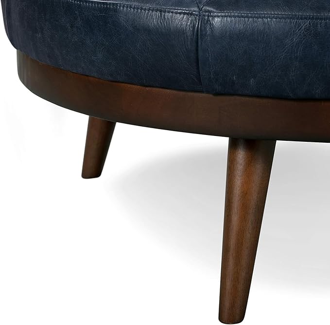 POLY & BARK Gio Ottoman – 30” Round with Feather-Down Topper – Full-Grain Leather Upholstery – Couch Ottoman for Living Room – Vintage Italian Leather in Midnight Blue