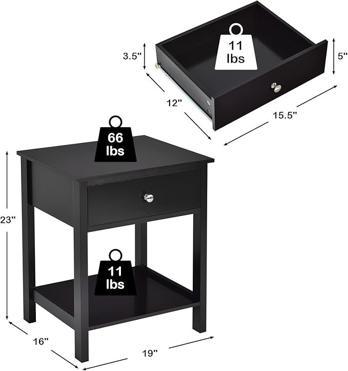 Giantex Nightstand Set of 2, Wood End Table with Drawer and Open Shelf, Night Stand for Small Spaces, 2-Tier Bedside Table for Living Room Bedroom Dorm, Easy Assembly, Black