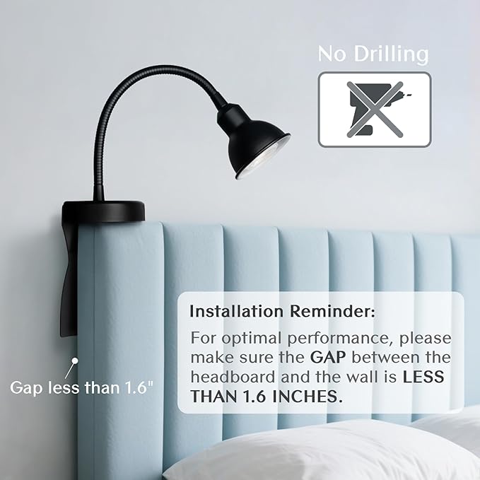 Solfres Innovative Design Rechargeable Headboard Reading Light. No Drilling Book Light for Bedtime Reading. Dimmable LED Lamp with Bulb. Movable & Flexible, Black
