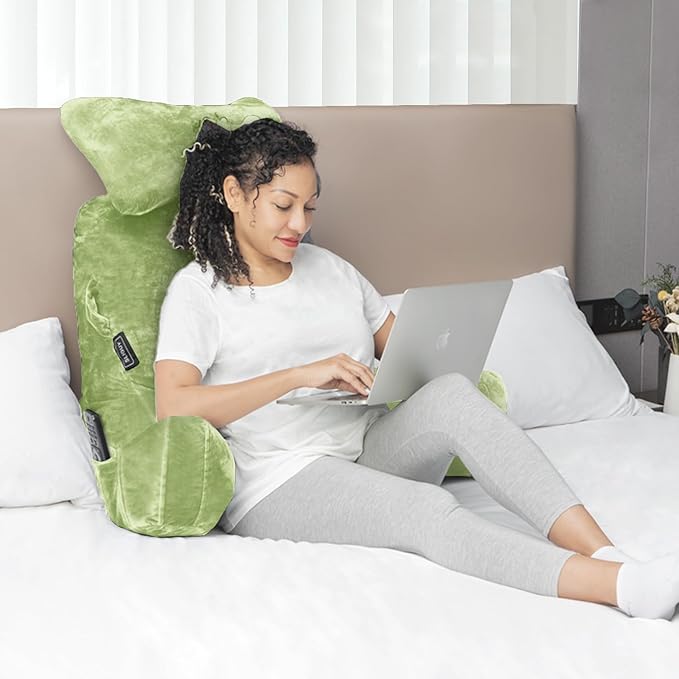 Reading Pillow-Extra Large 31" Bed Rest Pillow with Detachable Neck Roll & Arms for Sitting in Bed or Couch-Backrest Reading Pillow Adult Back Pillows for Reading/Watching TV/Gaming/Relaxing-Green
