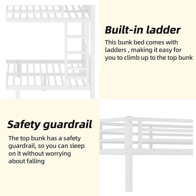 Full XL Bunk Bed Frame, Heavy Duty Metal Loft Bed for Adults/Teens, 350/500LB Capacity w/Ladder & Guardrail, Noise-Free Steel Slats, No Box Spring Required, White