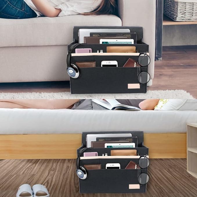 Bedside Caddy for Dorm and Bed Storage - Black Felt Organizer with 5 Pockets for Book, Phone, Tablet, iPad and Remote Holder