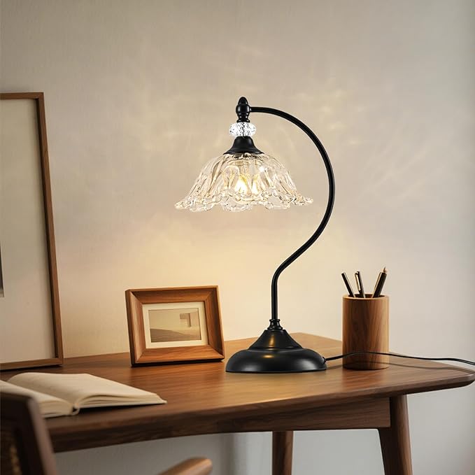 Table Lamp for Bedroom,Crystal Glass Beside Lamp,Plug in Dimmable Black Lamp Flower Nightstand Lamp for Living Room, Office, Desk, Home Decor