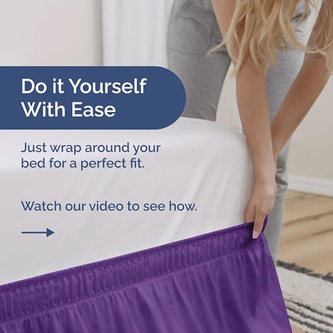 Wrap Around Dust Ruffle Bed Skirt - Purple - for King Size Beds with 12 Inch Drop - Easy Fit Elastic Strap - Adjustable Pleated Bedskirt w/Brushed Fabric - Wrinkle Free - for Women, Men, Kids & Teens