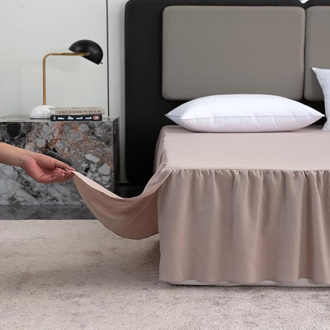 TSUTOMI Bed Skirt Queen Size Ruffled Bed Skirt with Split Corners, 16 Inch Drop Dust Ruffle Bed Skirts with Platform, Gathered Style, 100% Microfiber, Khaki