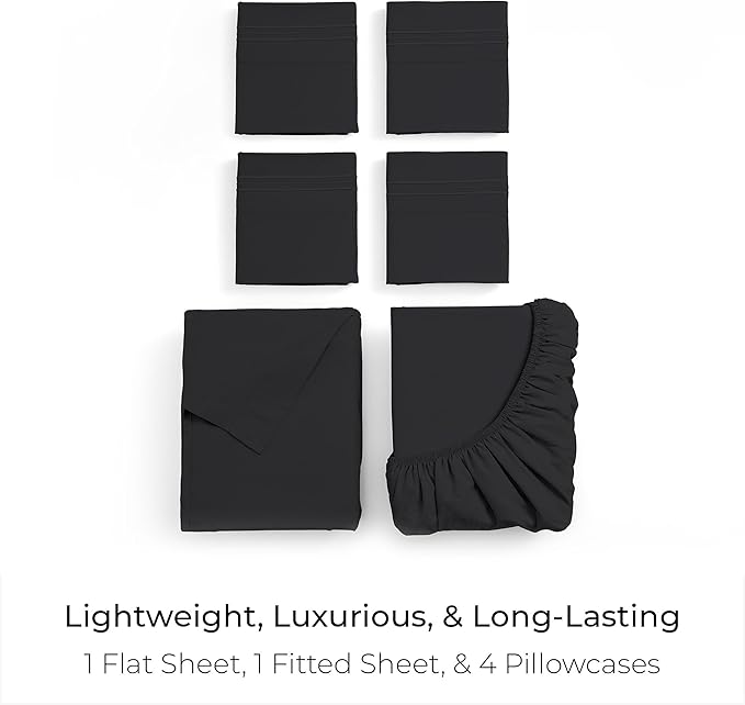 Mellanni Queen Sheet Set - 6-Piece Iconic Collection Bedding, (Including 4 Pillowcases), 21-Inch Extra Deep Pocket, Easy Care, Ultra Soft, Cooling Sheets, Brushed Microfiber - Black