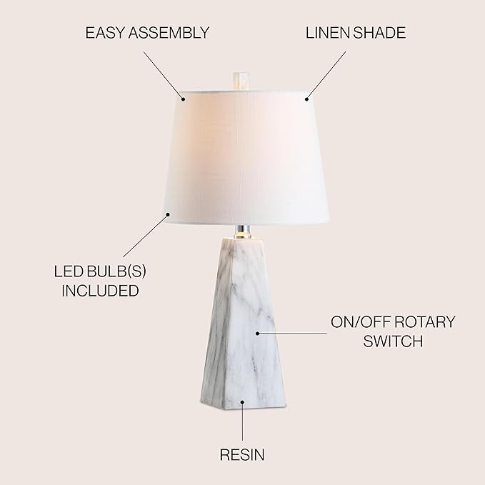 JONATHAN Y JYL1037A 20.5" Modern White Marble Table Lamp, Contemporary Geometric Resin Bedside Nightstand Lamp for Living Room, Bedroom, Office, End Table with White Linen Shade (LED Bulb Included)