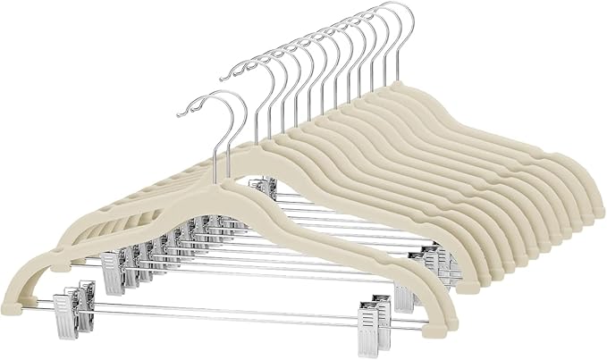 Cozymood Velvet Skirt Hangers - Pack of 48- Velvet Hanger with Clips Ultra Thin Non Slip Pants Hangers Space Saving Clothes Hanger for Trouser, Skirts, Jeans, Dress (Beige)