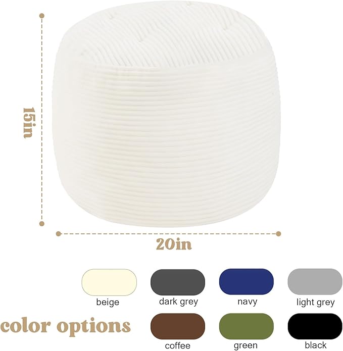 MeMoreCool Round Pouf Ottoman – Beige Corduroy Footrest with Foam Filling Compact Foot Stool for Couch, Living Room Decor, Dorms & Small Spaces