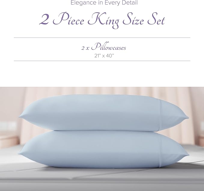 Carressa Linen 100% Egyptian Cotton King Size Pillow Cases Set of 2 - Luxury 600 Thread Count King Pillowcases (Light Blue), Silky Soft, Cooling, Breathable Sateen Weave Hotel Quality Bed Pillow Cover